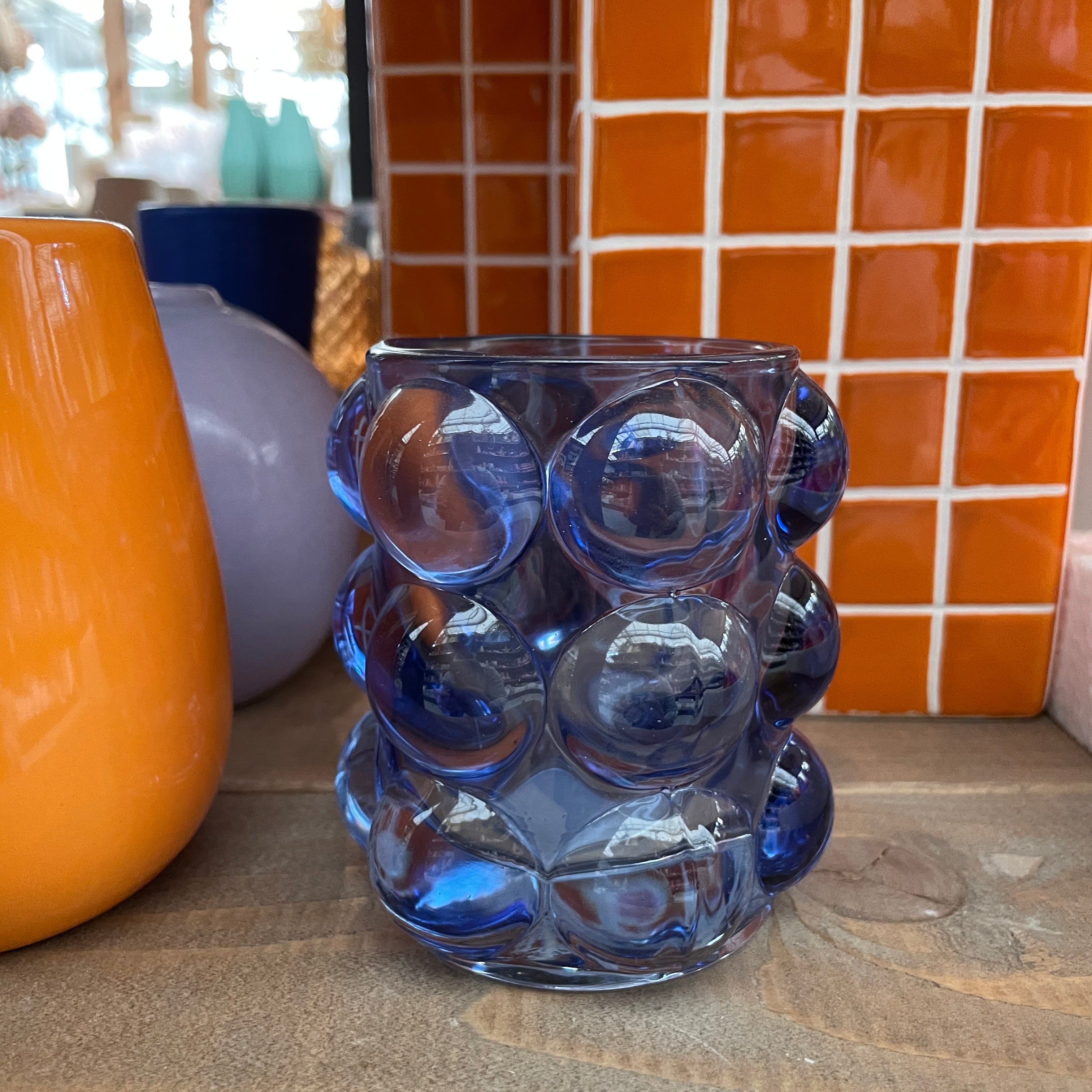 Blauwe glazen bubble design waxinelichthouder
