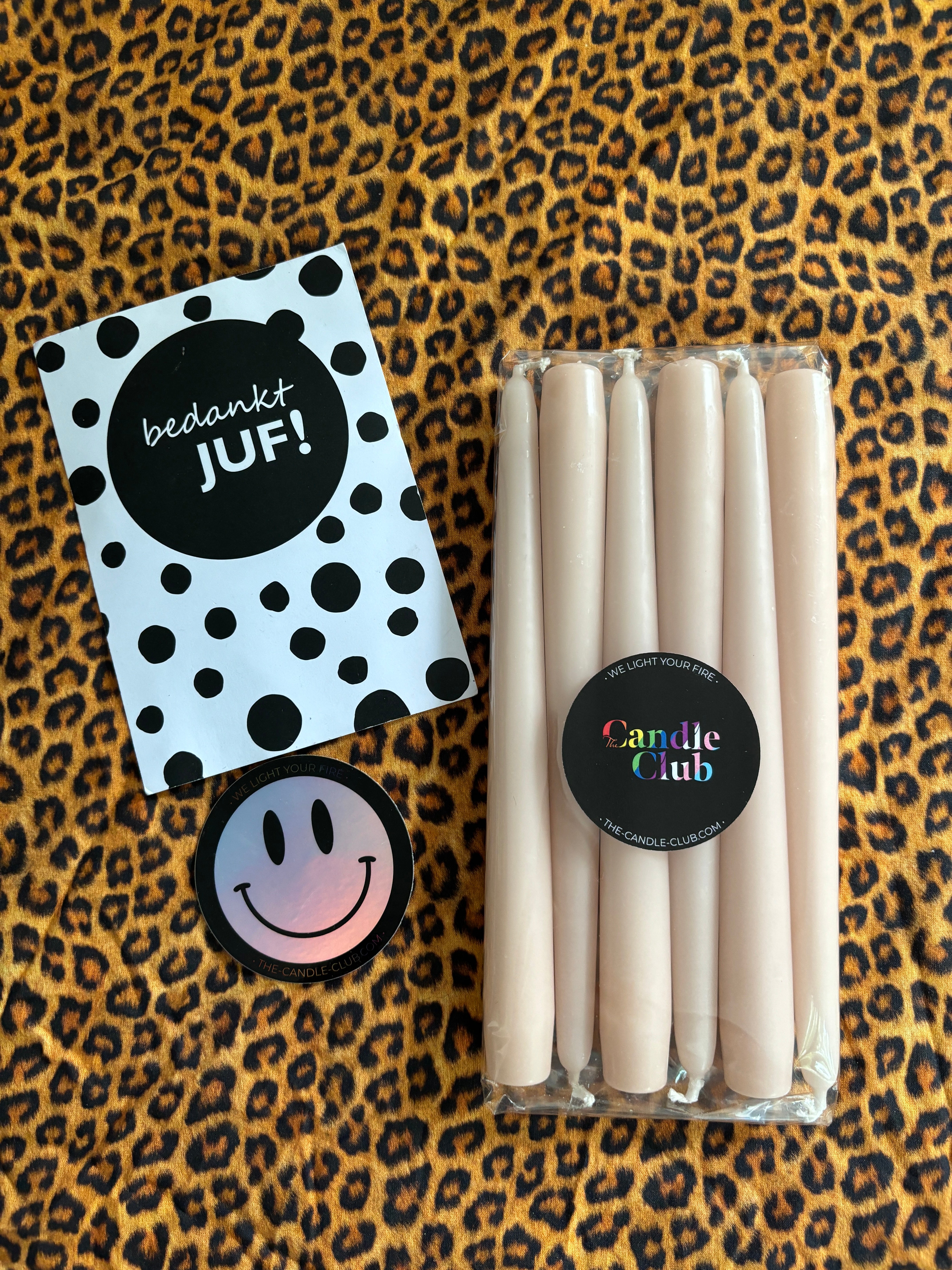 Bedankt Juf - set van 6 kaarsen champagne + kaart & Smiley sticker