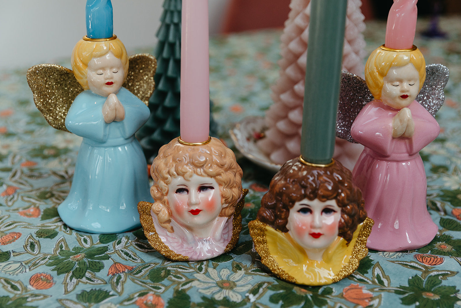 Rice keramieken kandelaar angel head geel