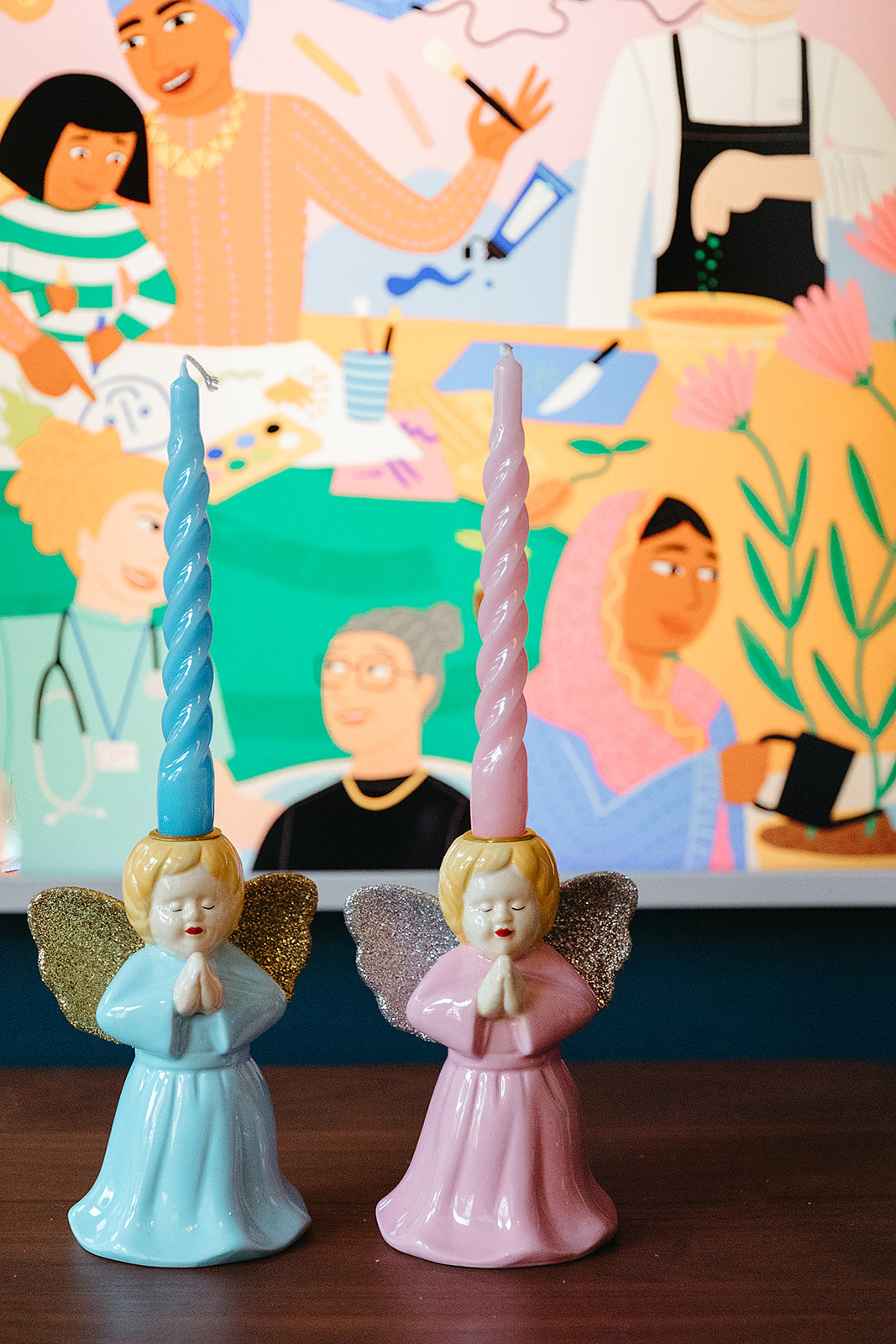 Rice keramieken kandelaar engel roze