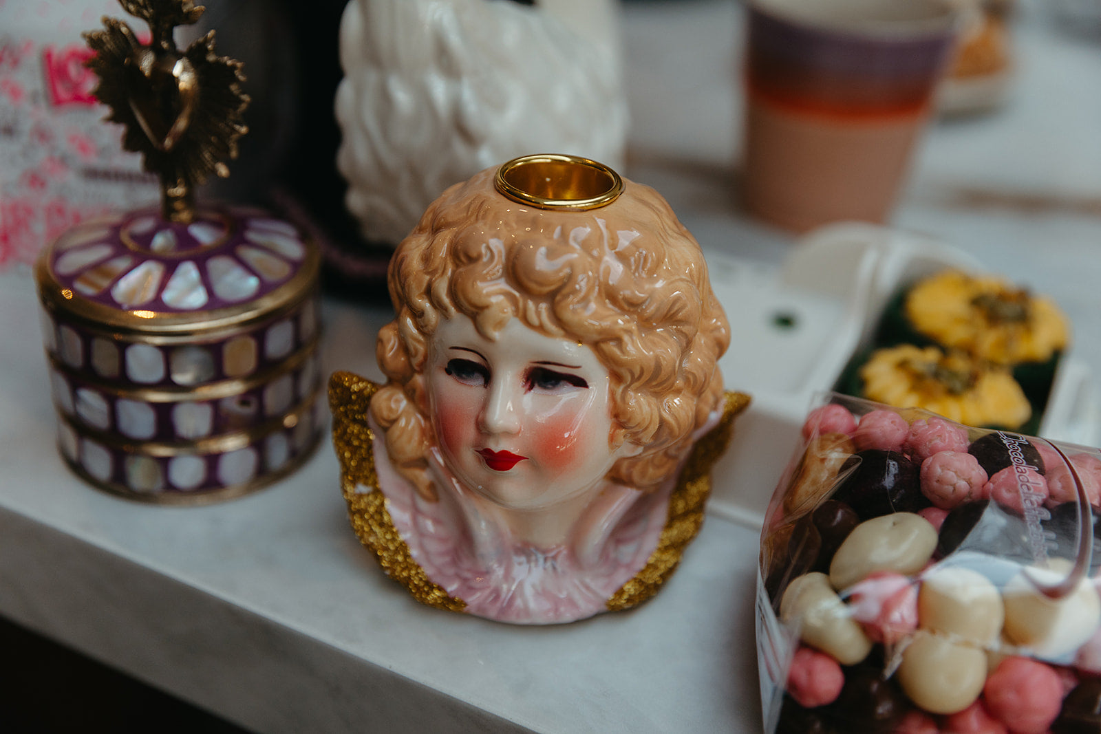 Rice keramieken kandelaar angel head lavendel.