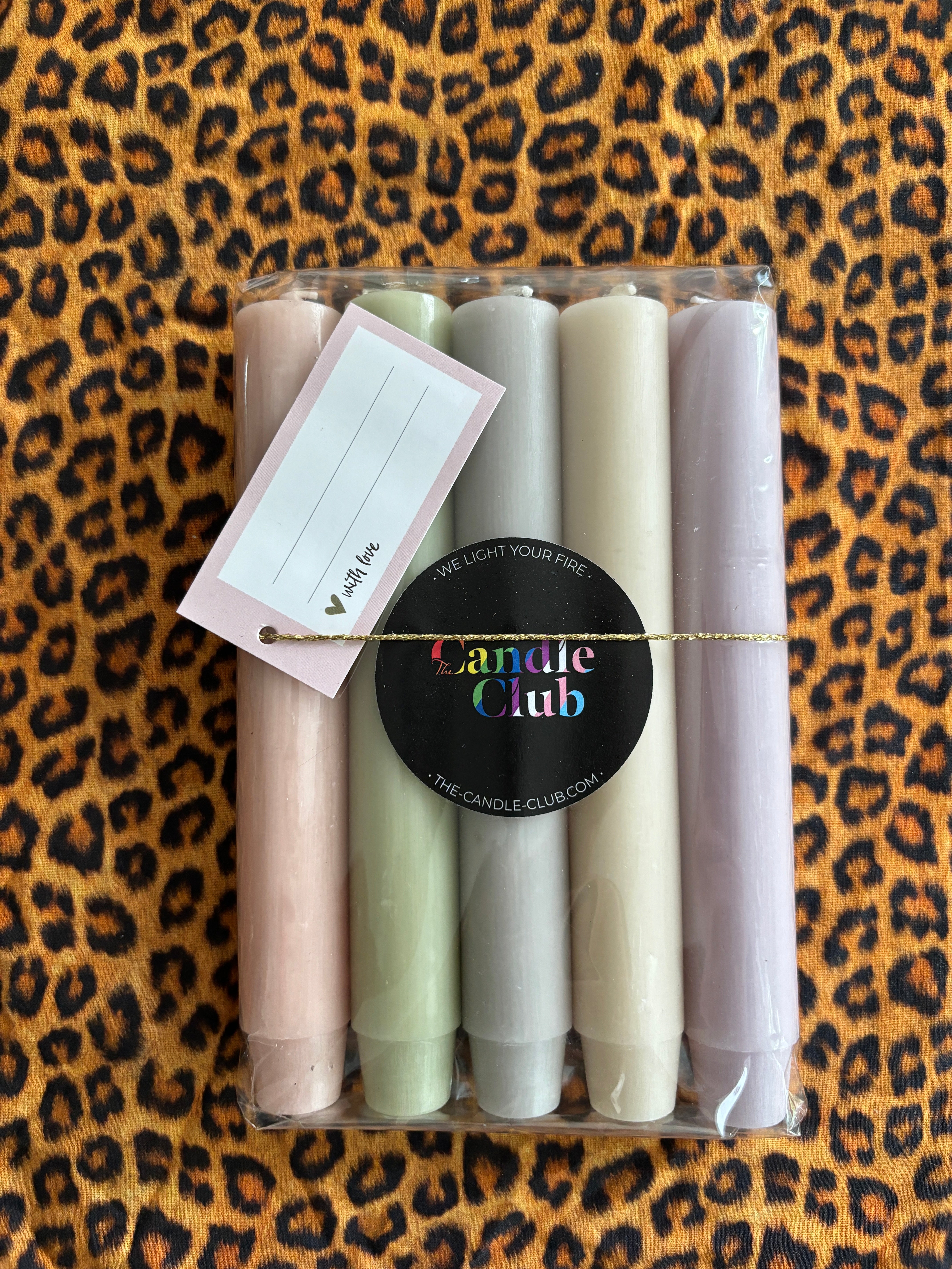 THANK YOU! set van 5 pastel gekleurde dinerkaarsen met kaartje